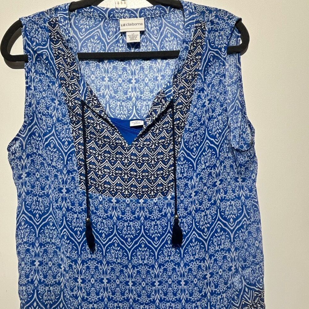 Liz Claiborne Womens Blue Tassel Tie Neck Tunic Sleeveless 2 in 1 Top Large Tall - Picture 3 of 12